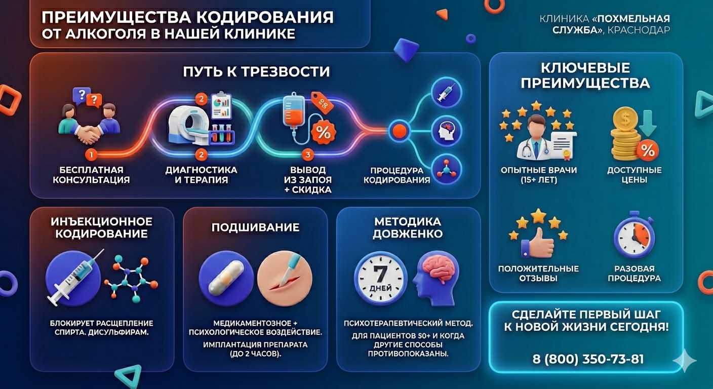 Инфографика о методах кодирования от алкоголя в Наволоках: инъекции, подшивание, метод Довженко. Преимущества клиники и этапы лечения.